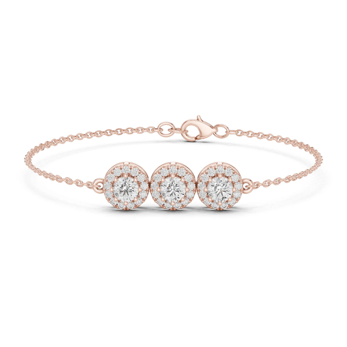 Rose gold bracelet with three round Moissanite diamonds on a white background