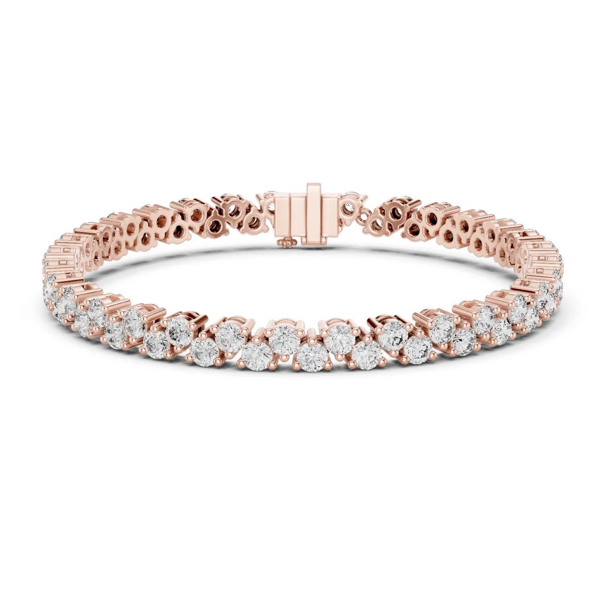 Rose gold bracelet with moissanite diamonds on a white background