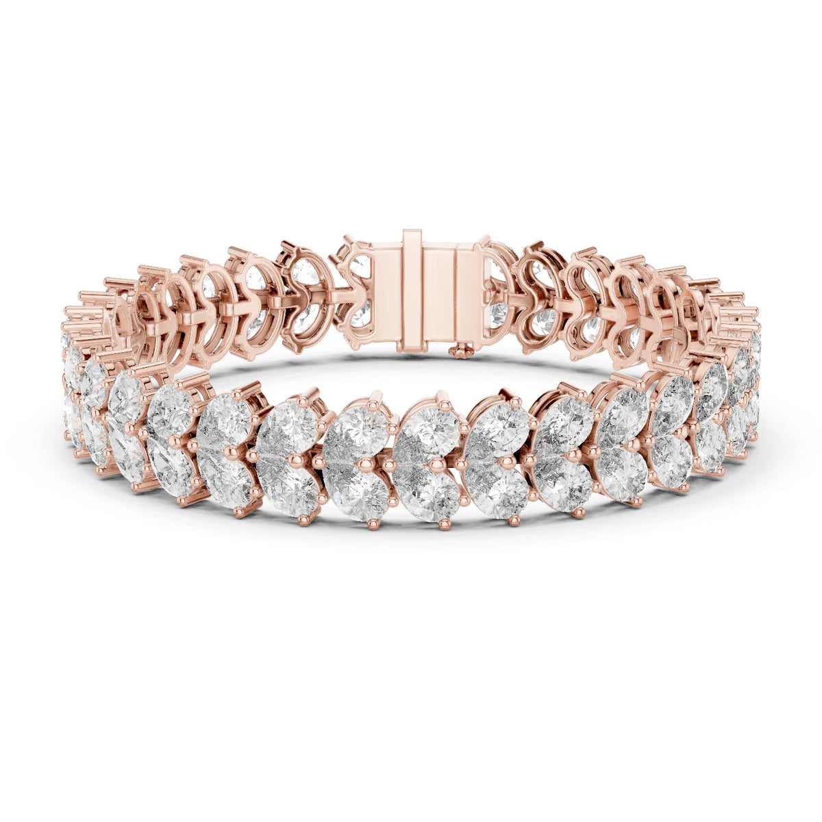 Rose gold bracelet with moissanite diamond accents on a white background