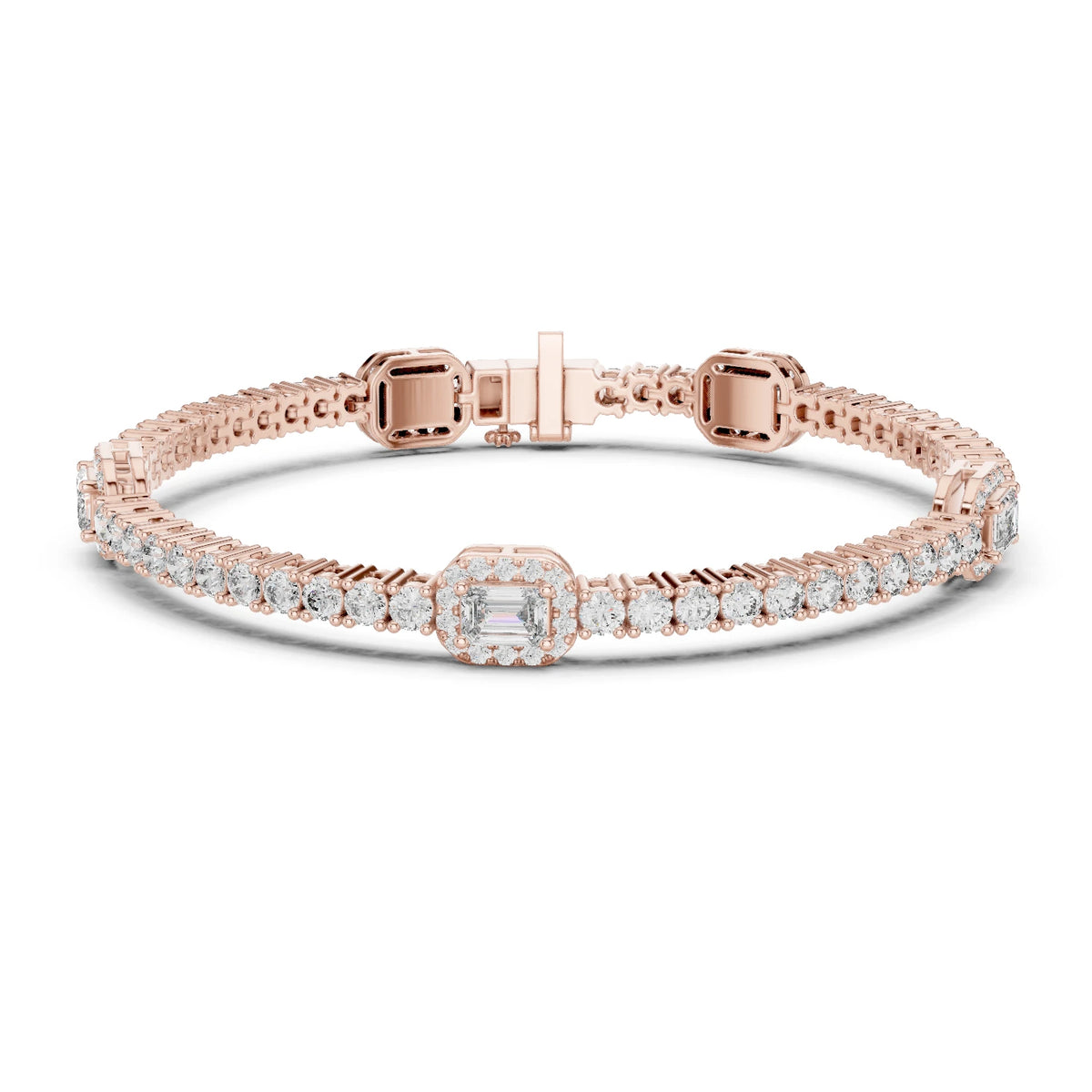 Rose gold bracelet with moissanite diamond accents on a white background