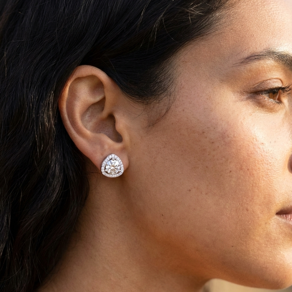 Trilliant Halo Sterling Silver Earrings for Her
