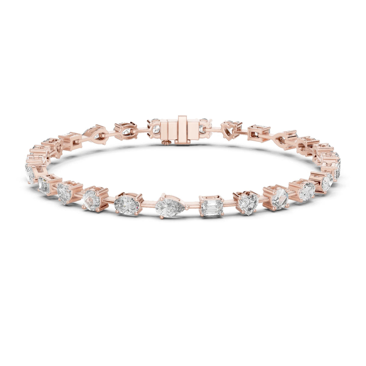 Rose gold bracelet with moissanite diamonds on a white background