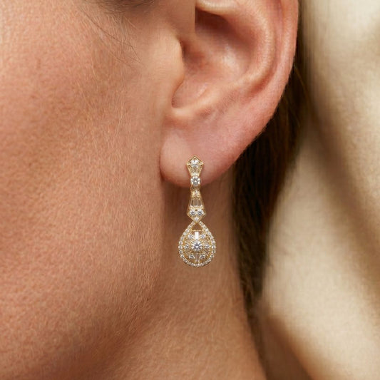Close-up of a moissanite diamond earring on an ear with a soft focus background