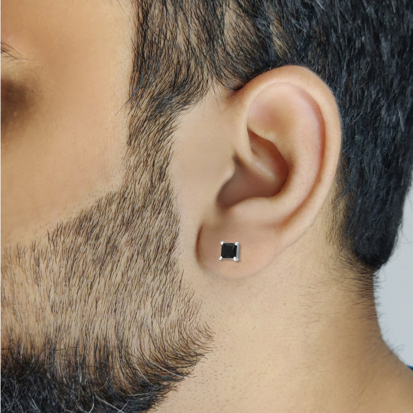 Black Square Crown Silver Stud for Men on model