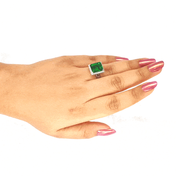 Green Emerald Diamond Ring on Hand Model- Zevar Amazw