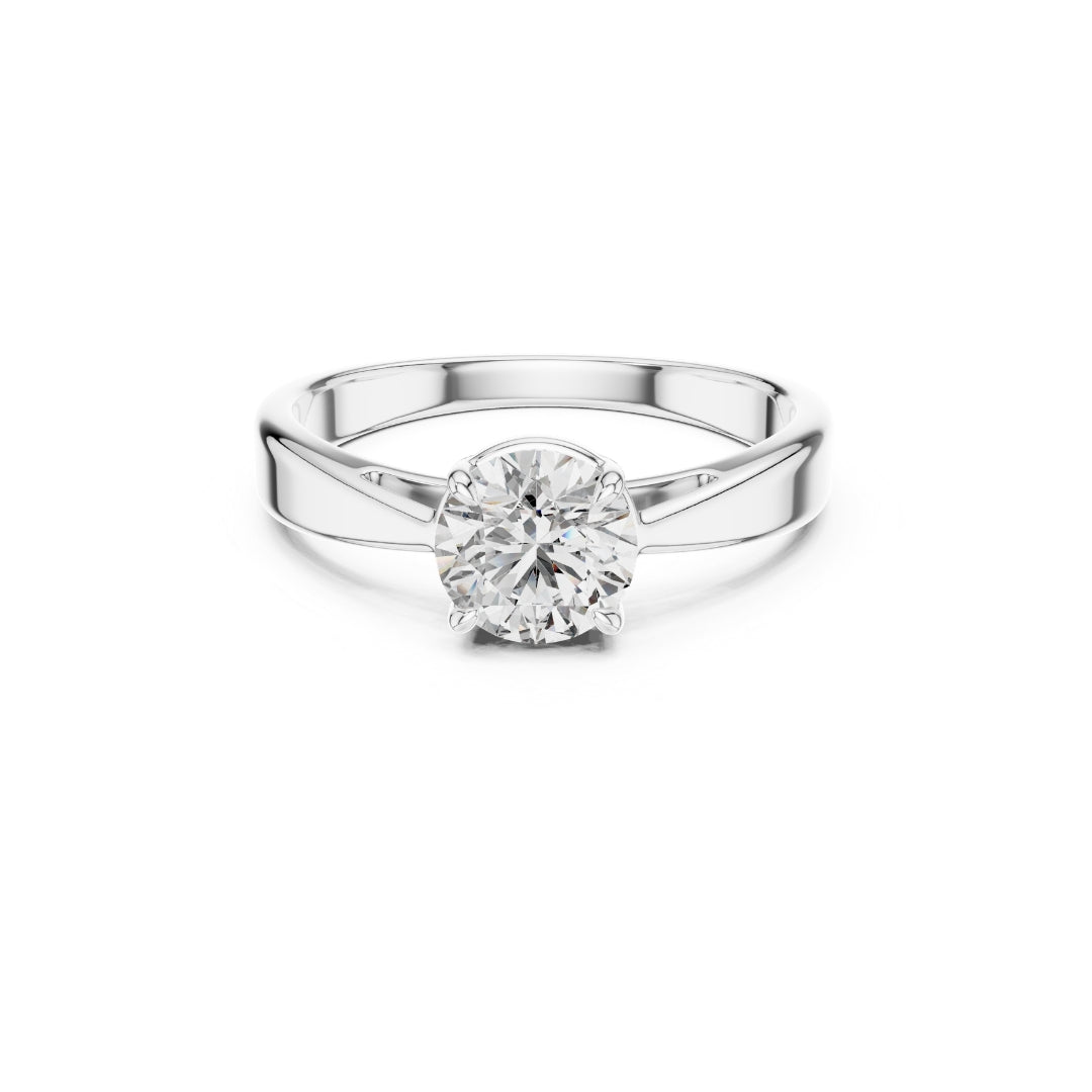 Silver ring with a 1ct moissanite diamond on a white background