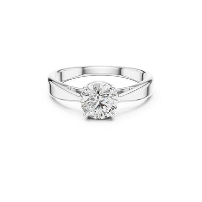 Silver ring with a 1ct moissanite diamond on a white background