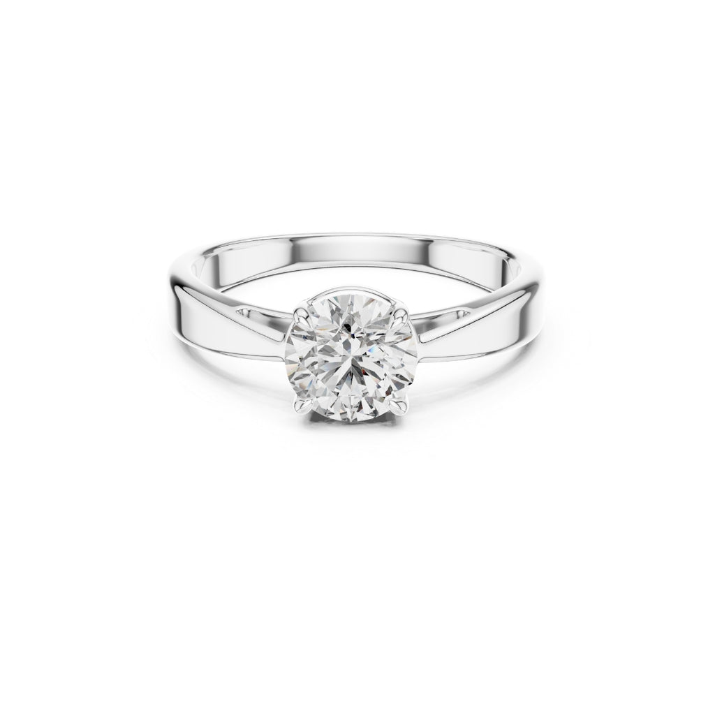 Silver ring with a 1ct moissanite diamond on a white background