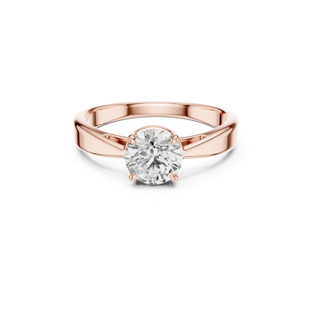 Rose gold ring with a 1ct moissanite diamond on a white background