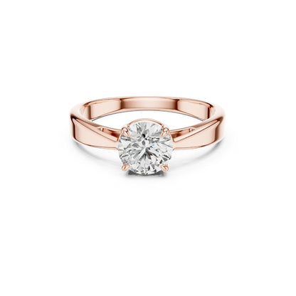 Rose gold ring with a 1ct moissanite diamond on a white background