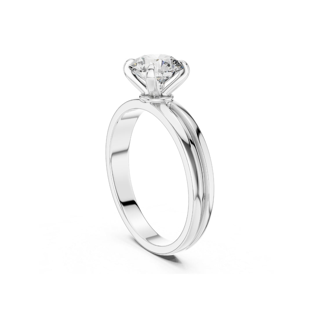 Silver ring with a 1ct moissanite diamond on a white background