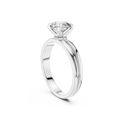 Silver ring with a 1ct moissanite diamond on a white background