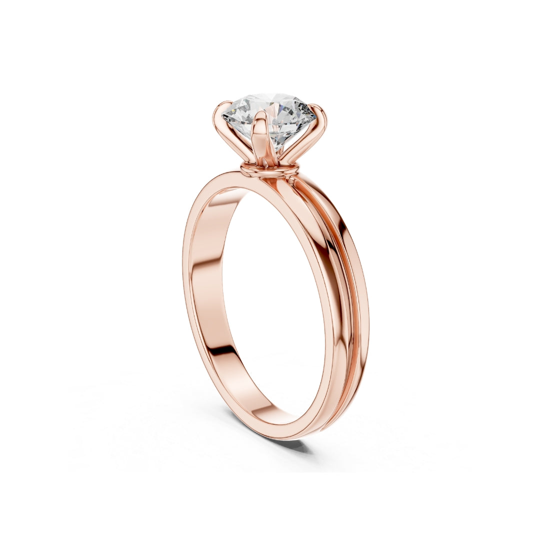 Rose gold ring with a 1ct Moissanite  diamond on a white background
