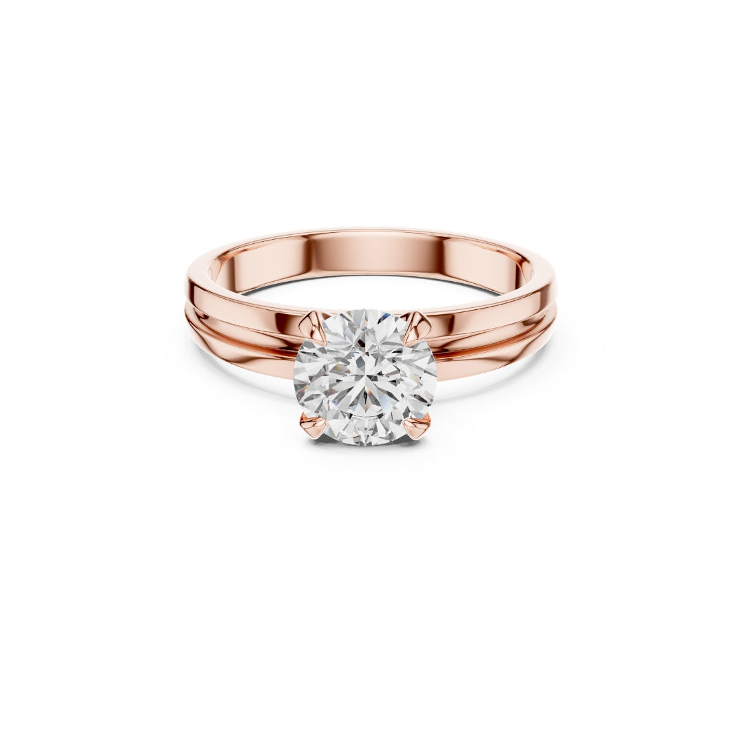 Rose gold ring with a 1ct moissanite diamond on a white background