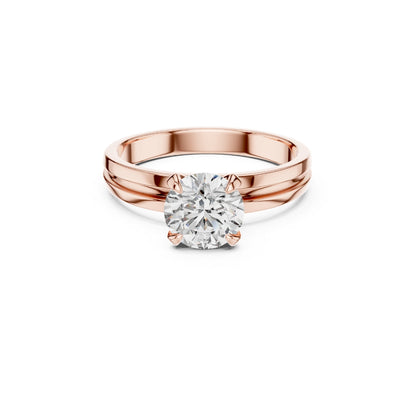 Rose gold ring with a 1ct moissanite diamond on a white background