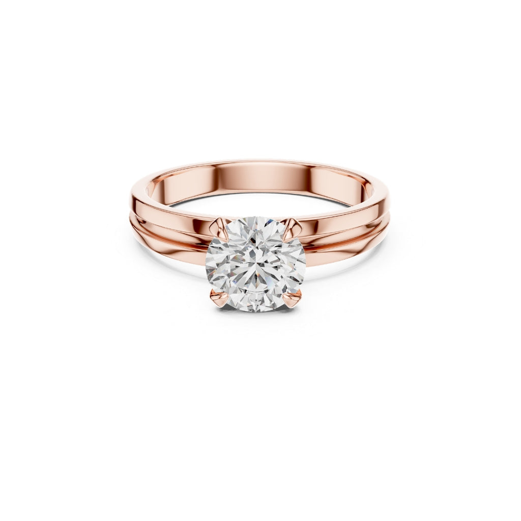 Rose gold ring with a 1ct moissanite diamond on a white background