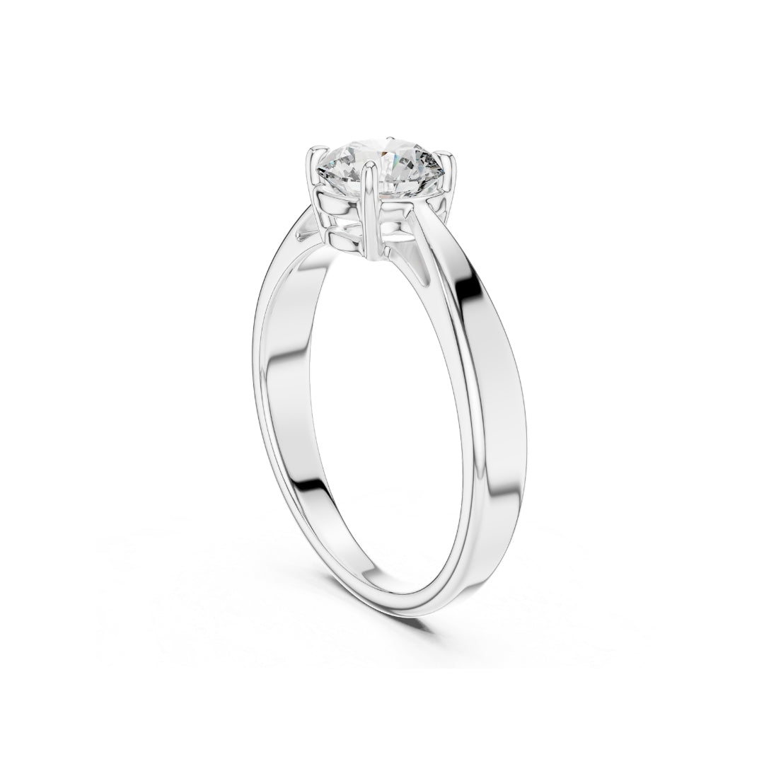Silver ring with a 1ct moissanite diamond on a white background