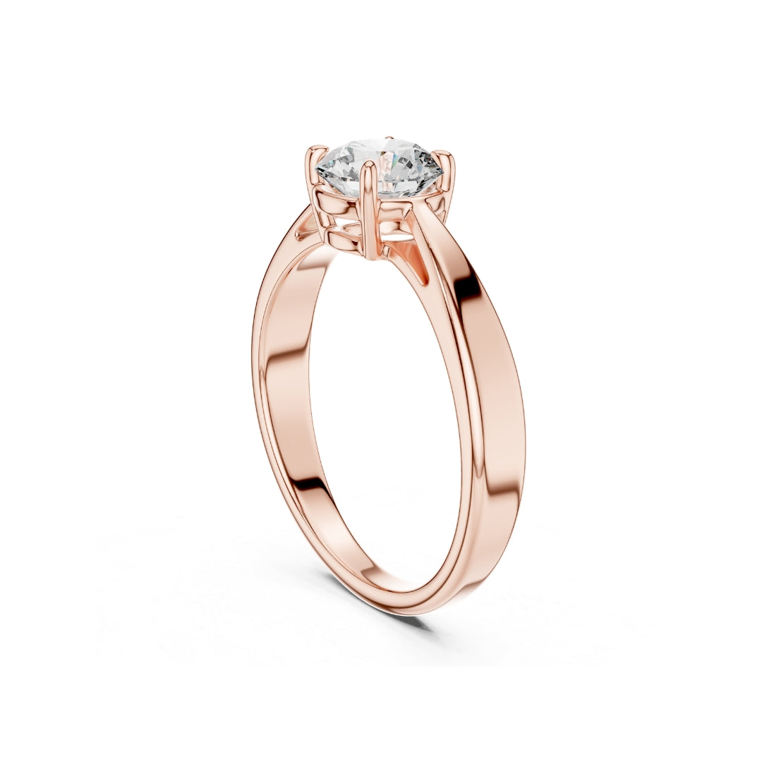 Rose gold ring with a 1ct moissanite diamond on a white background