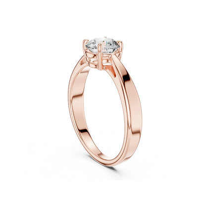 Rose gold ring with a 1ct moissanite diamond on a white background