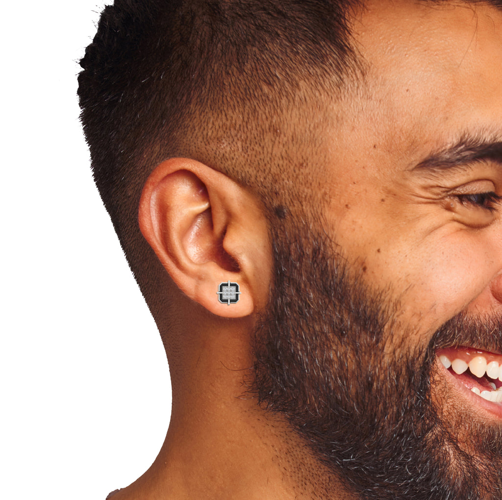 Square SIlver  earring for men on Model