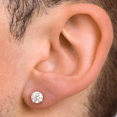 Round Solitaire  Sterling Silver CZ Ear Stud For Him (1 Pc Only)