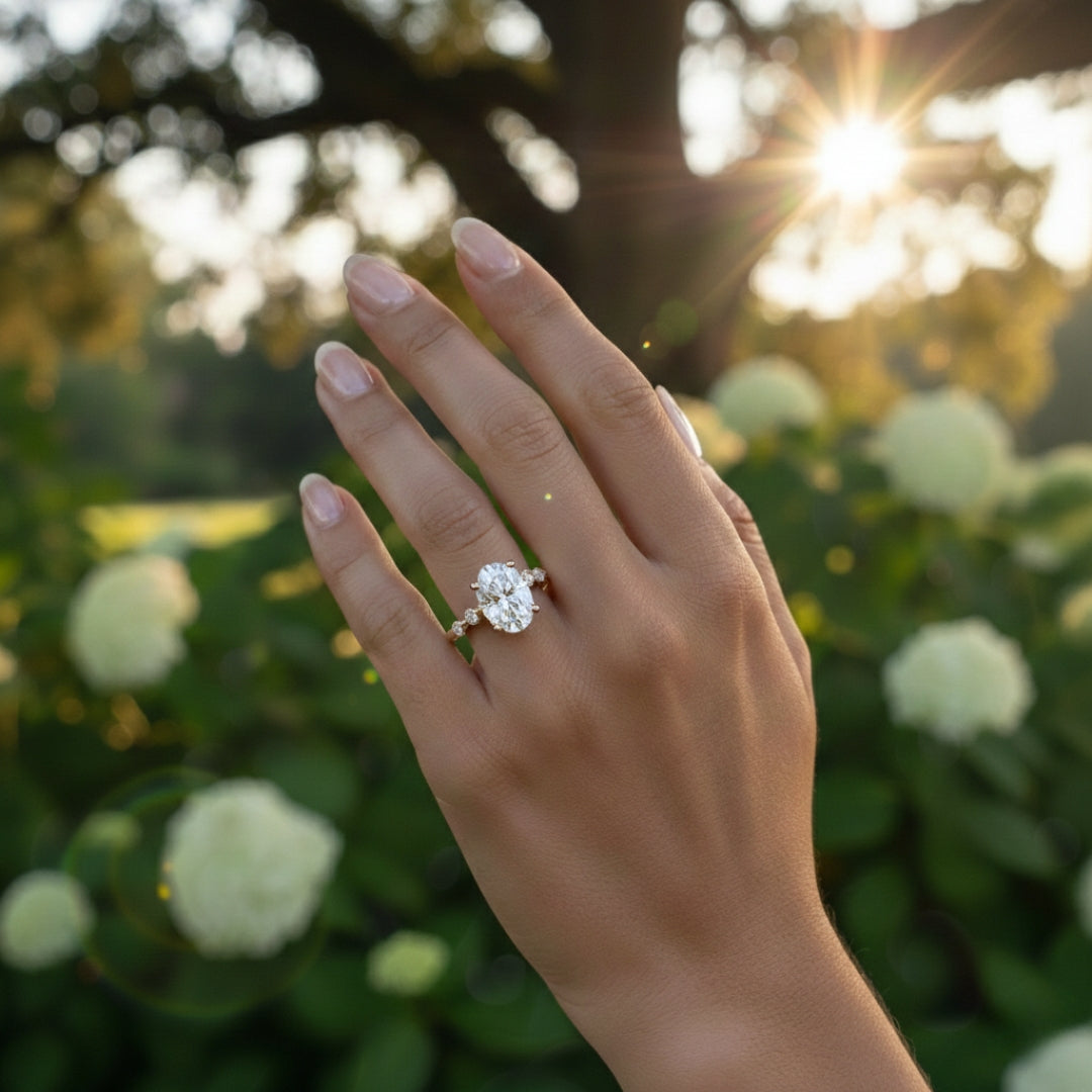 Hand wearing a MOISSANITE OVAL diamond ring with a sunlit background