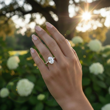Hand wearing a MOISSANITE OVAL diamond ring with a sunlit background