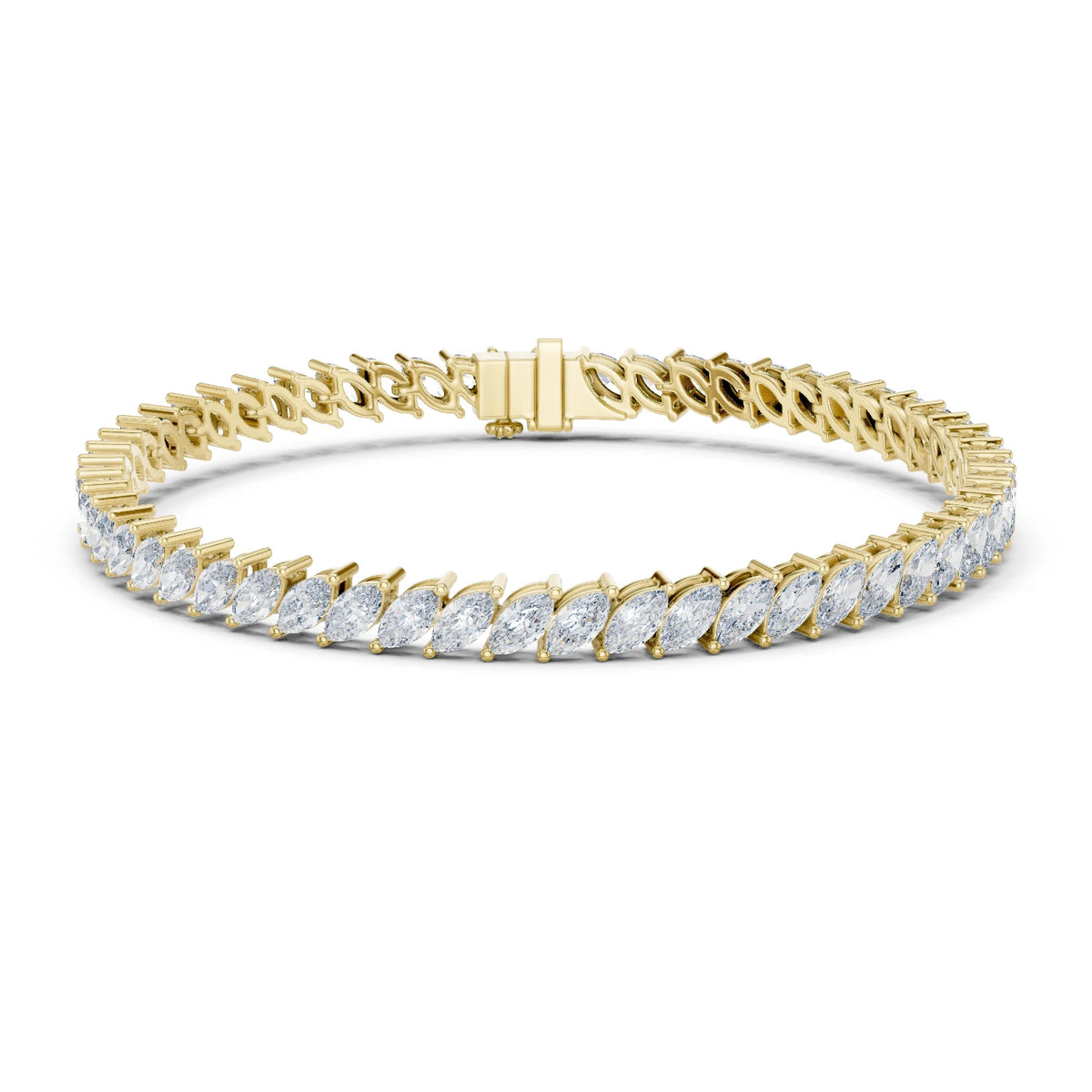 Gold bracelet with clear moissanite gemstones on a white background