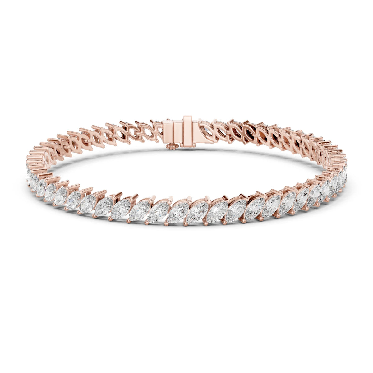Rose gold bracelet with clear  moissanite gemstones on a white background