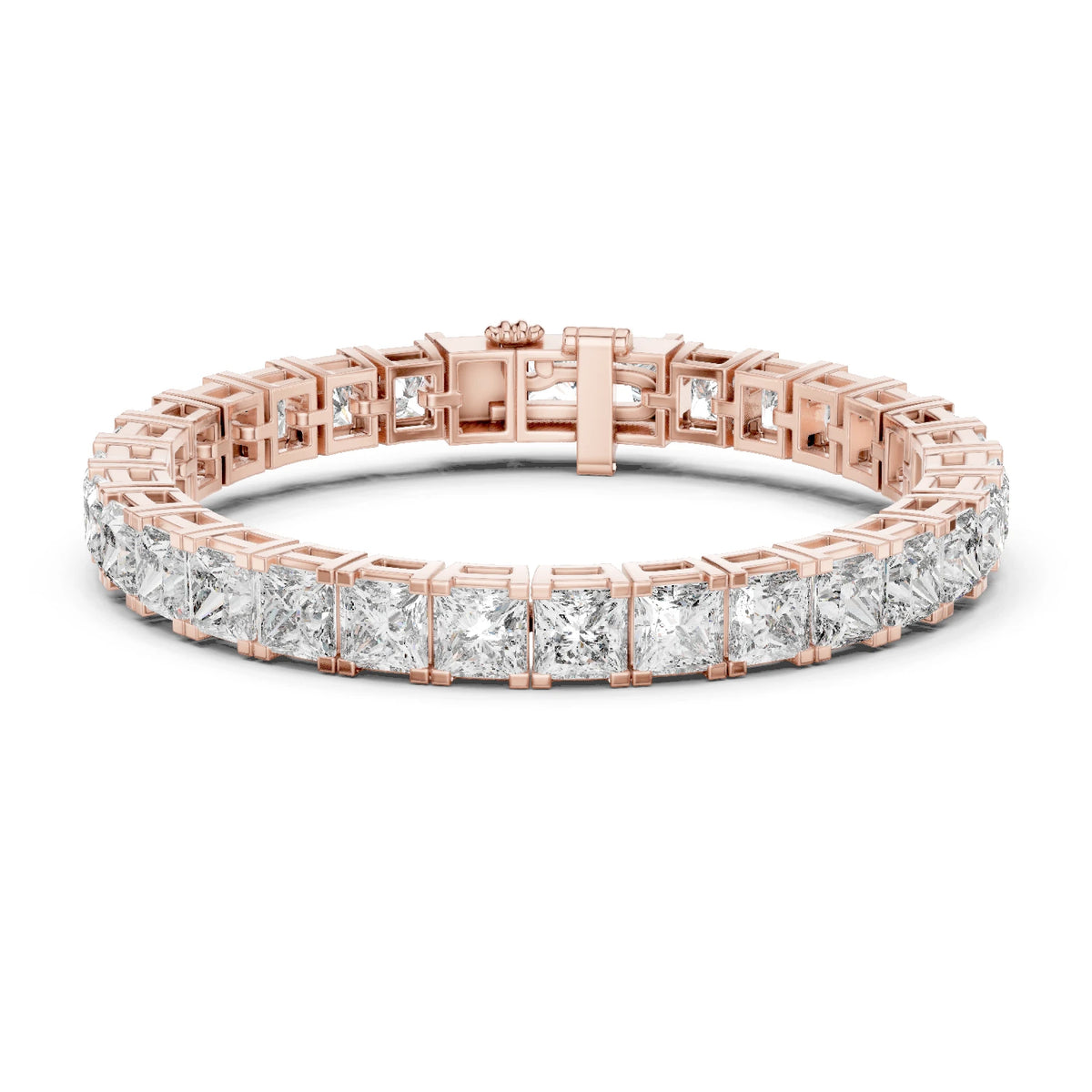 Rose gold moissanite diamond bracelet on a white background