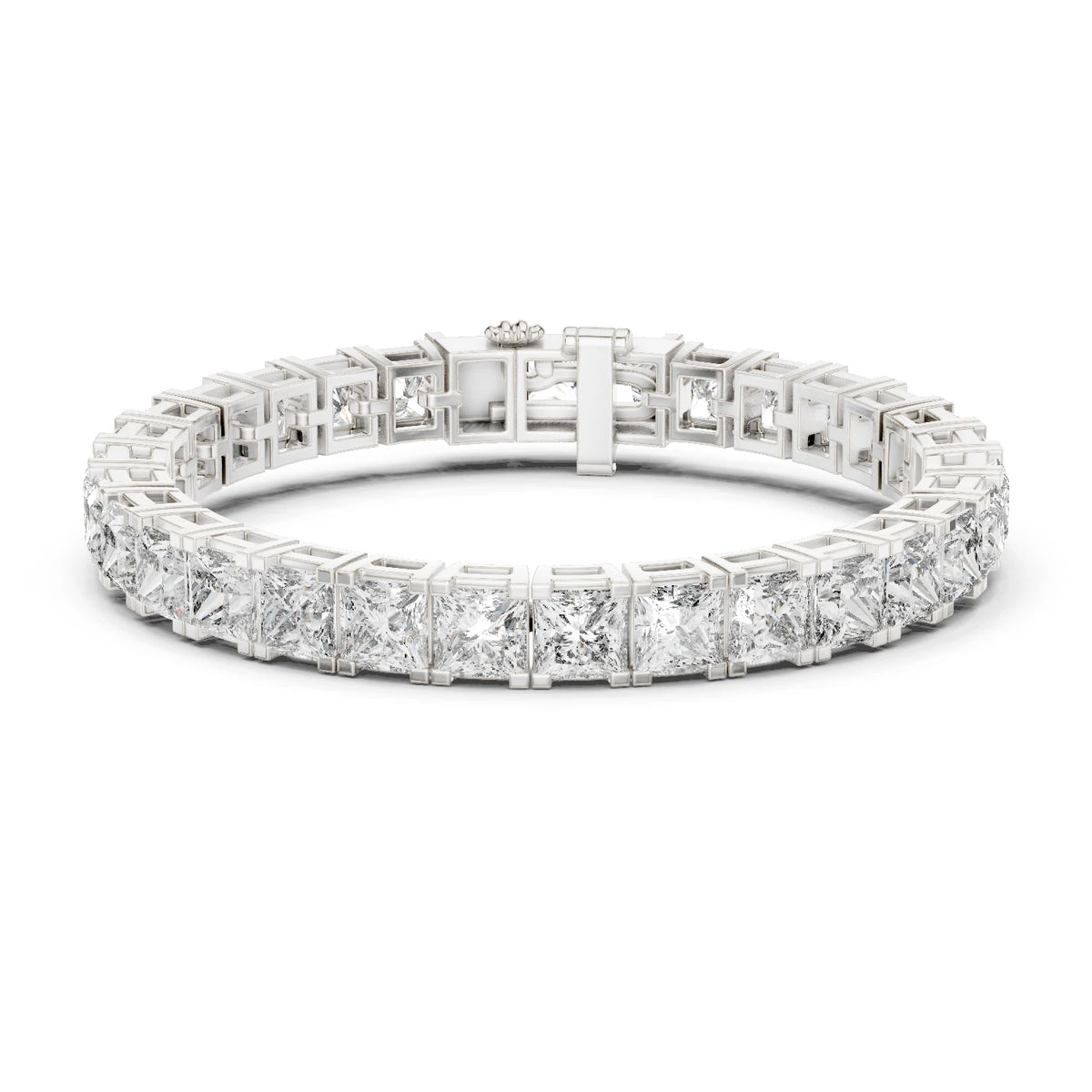 A diamond tennis bracelet with princess-cut and round moissanite diamonds set in a silver-colored metal, shown on a plain white background.