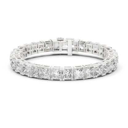 A diamond tennis bracelet with princess-cut and round moissanite diamonds set in a silver-colored metal, shown on a plain white background.