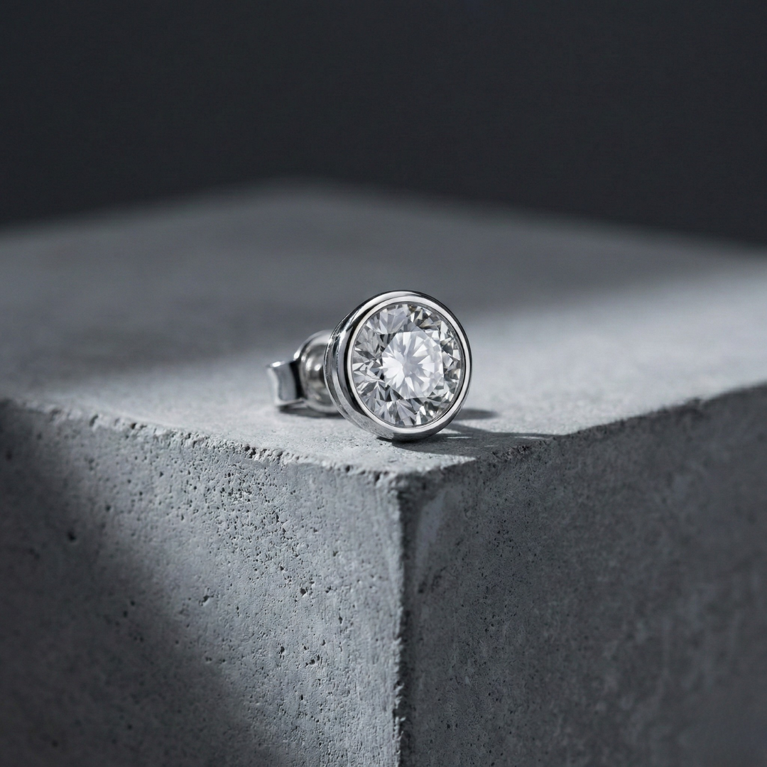 Classic Round Bezel Silver Stud For Men (1 PC ONLY)