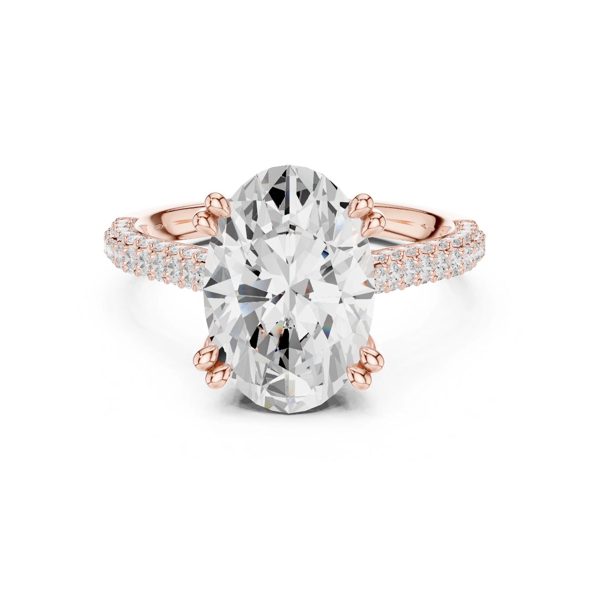 Rose gold ring with a large moissanite diamond and smaller diamonds on the band against a white background