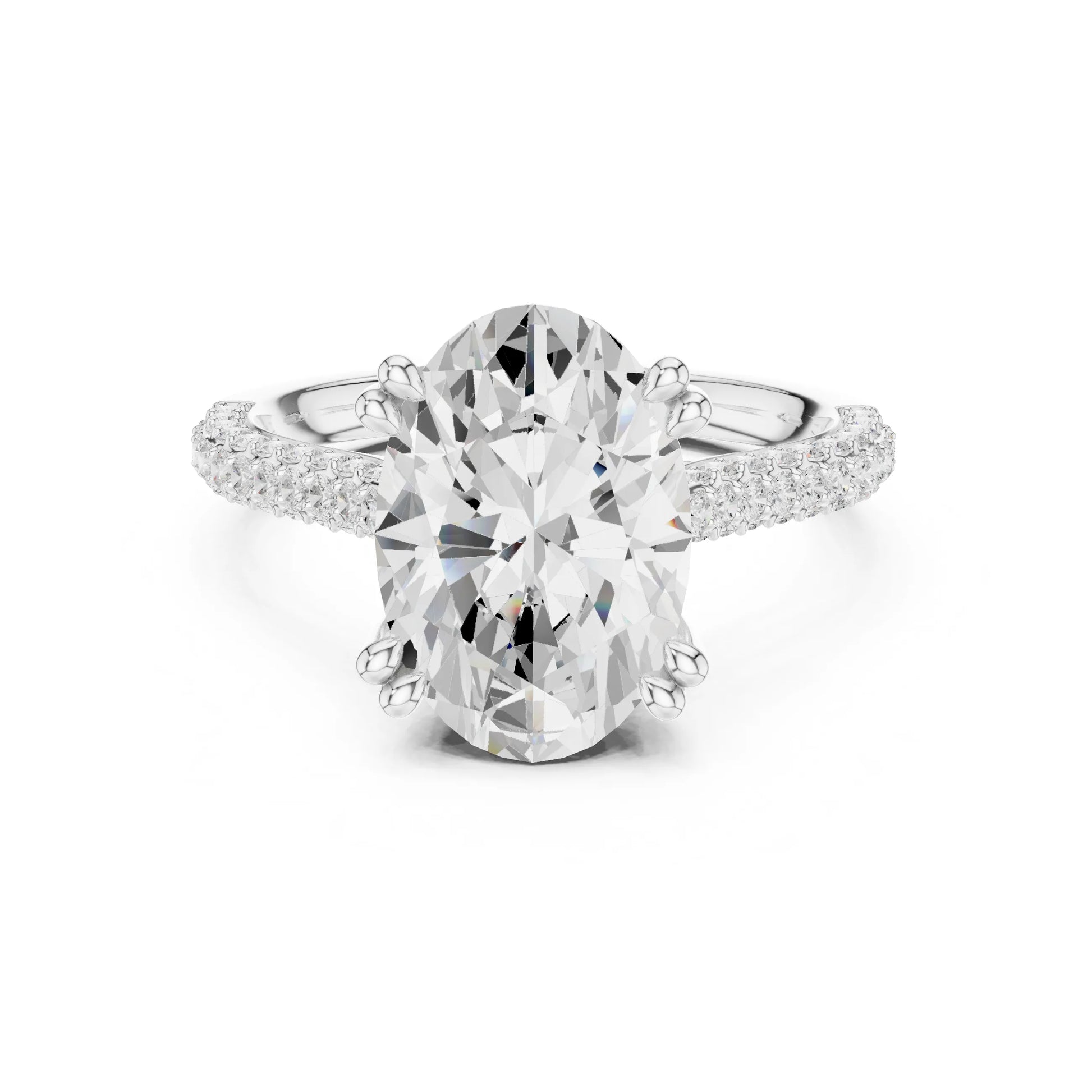 moissanite Diamond ring with a large central gemstone and smaller stones on a white background