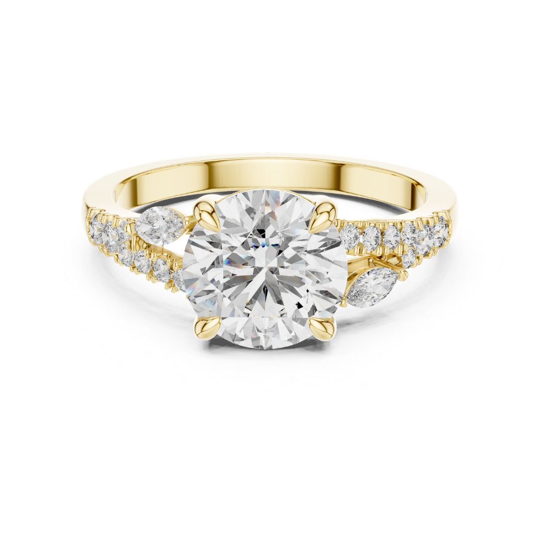 Gold and moissanite diamond ring on a white background