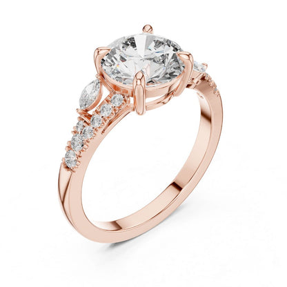 Rose gold ring with a large moissanite  diamond and smaller diamonds on the band against a white background