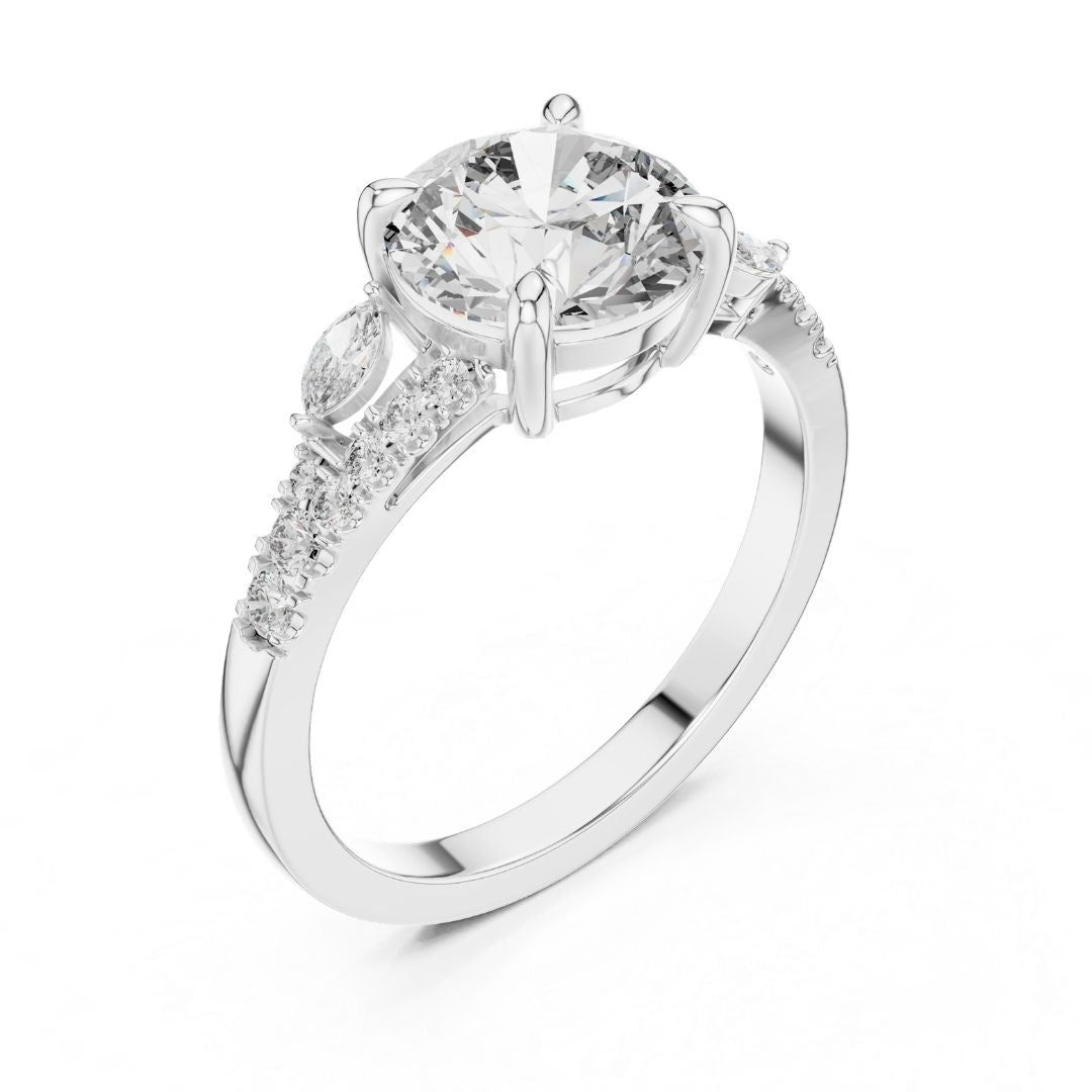 moissanite Diamond ring with a large central gemstone and smaller stones on a white background