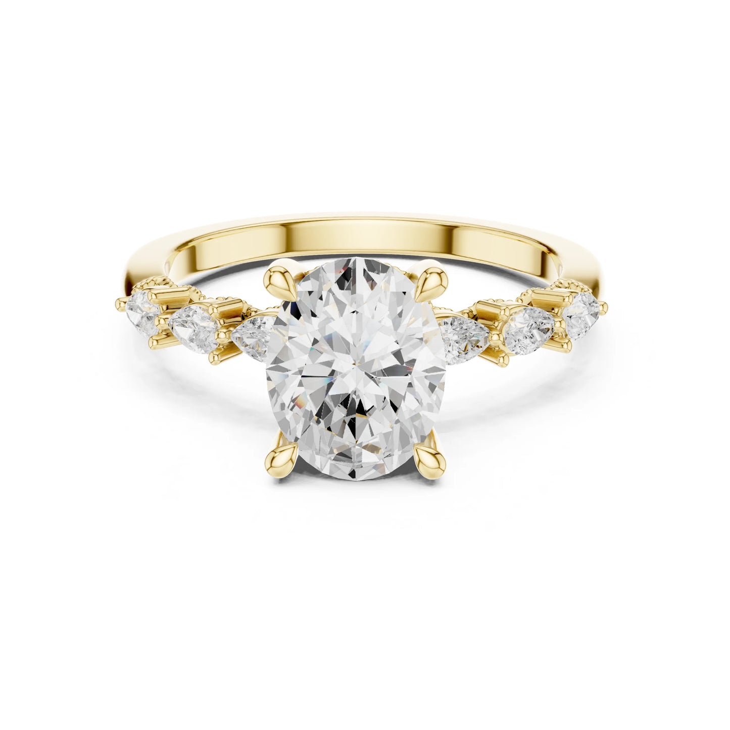 Gold ring with a large moissanite diamond and smaller diamonds on the sides against a white background