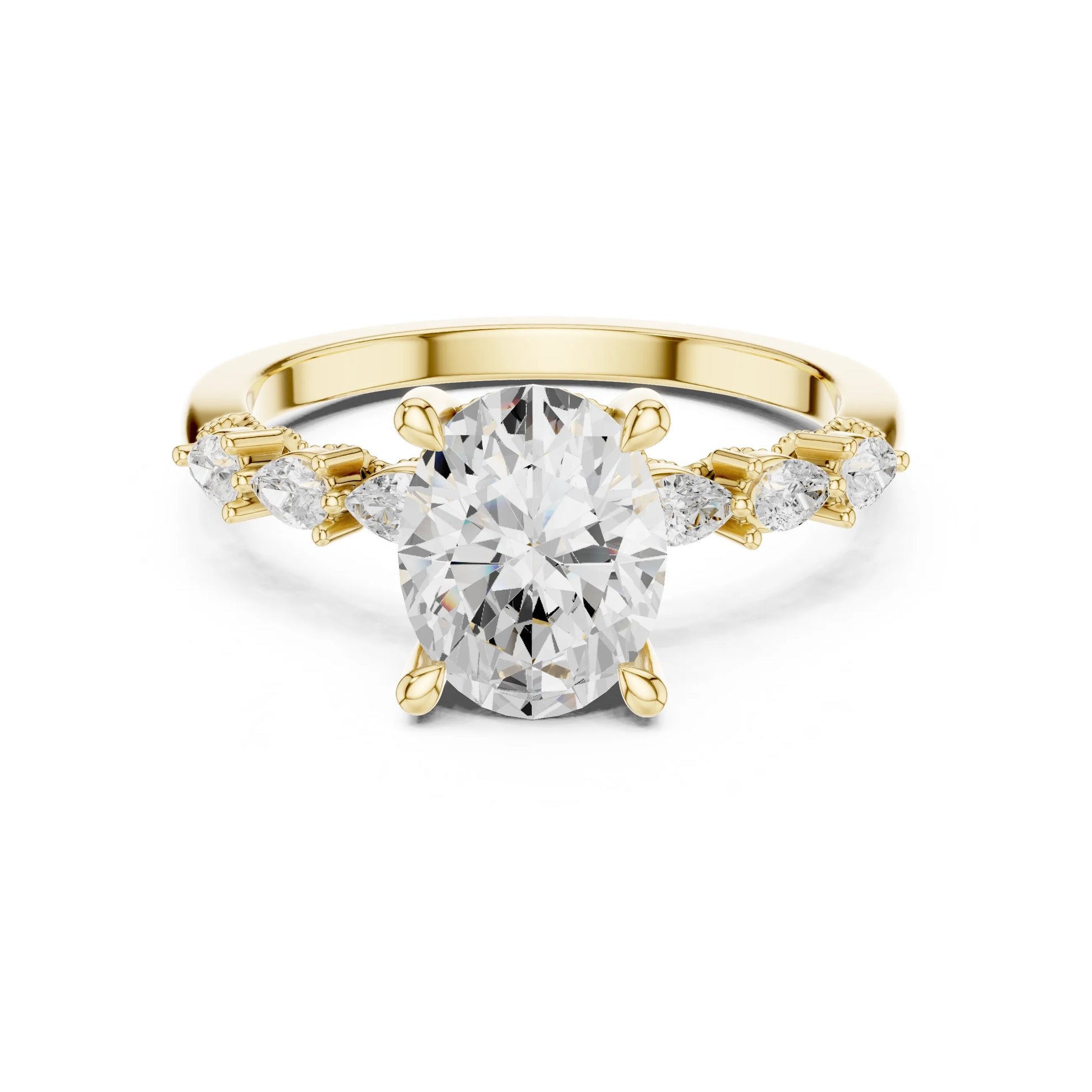 Gold ring with a large moissanite diamond and smaller diamonds on the sides against a white background