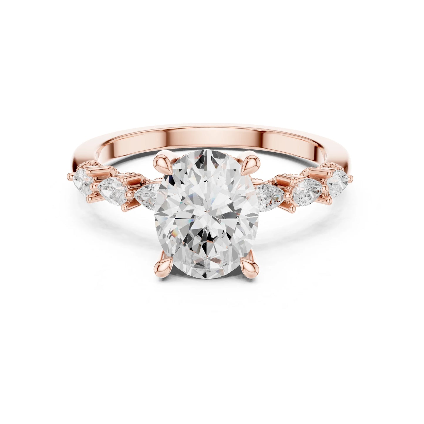 Rose gold ring with a large moissanite  diamond and smaller diamonds on the band against a white background