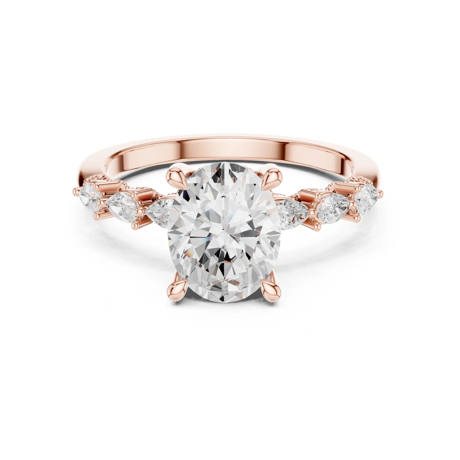 Rose gold ring with a large moissanite  diamond and smaller diamonds on the band against a white background