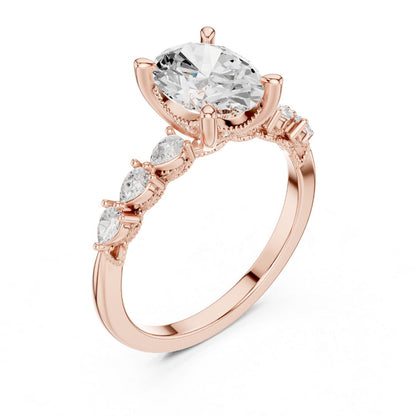 Rose gold ring with a large central  moissanite diamond and smaller diamonds on the sides against a white background