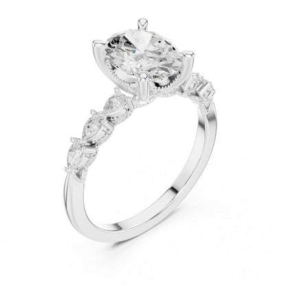 moissanite Diamond ring with a large central gemstone and smaller stones on a white background