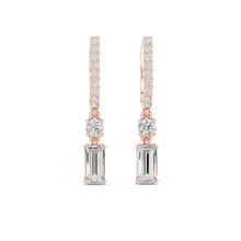 Load image into Gallery viewer, Rose gold and silver drop moissanite earrings with clear gemstones on a white background