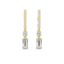 Load image into Gallery viewer, Gold and silver drop moissanite earrings with clear gemstones on a white background