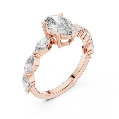 Rose gold ring with moissanite diamonds on a white background