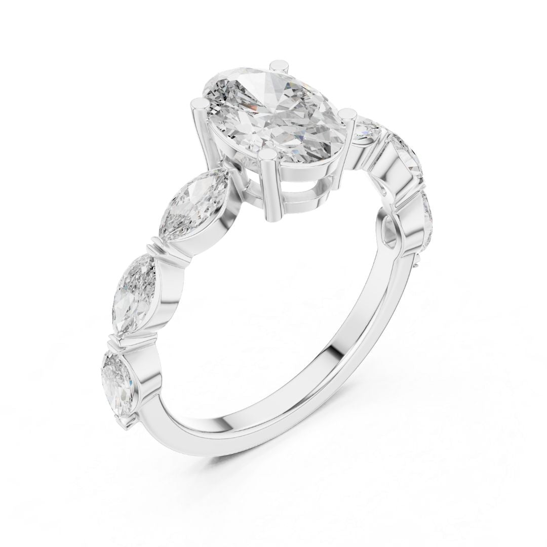 moissanite Diamond ring with a pear-shaped center stone on a white background