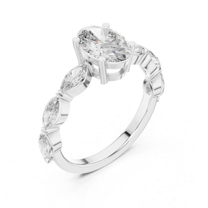 moissanite Diamond ring with a pear-shaped center stone on a white background
