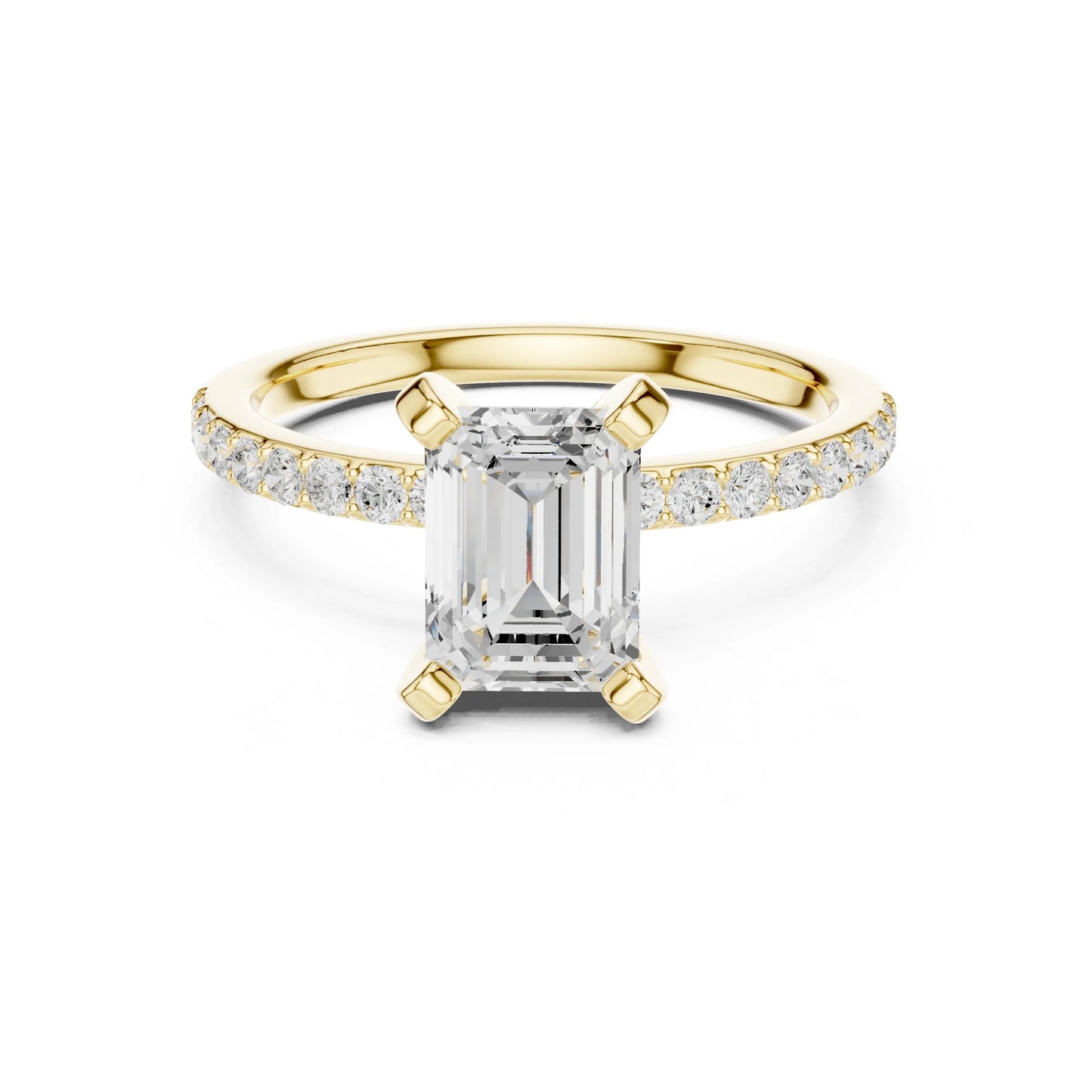 Gold ring with emerald-cut moissanite diamond and smaller diamonds on a white background